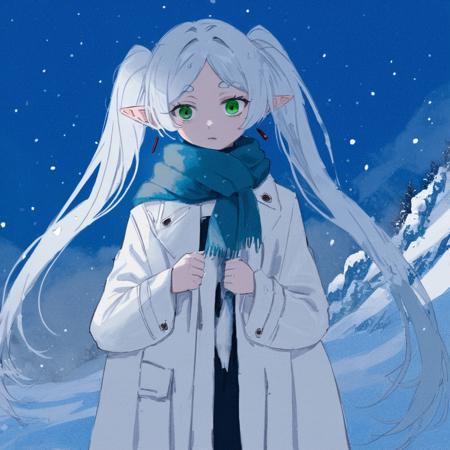 32824-433476831-Digital art, masterpiece A detailed and cinematic wallpaper, a girl Frieren standing in snow with blue scarf and white coat, sil.png